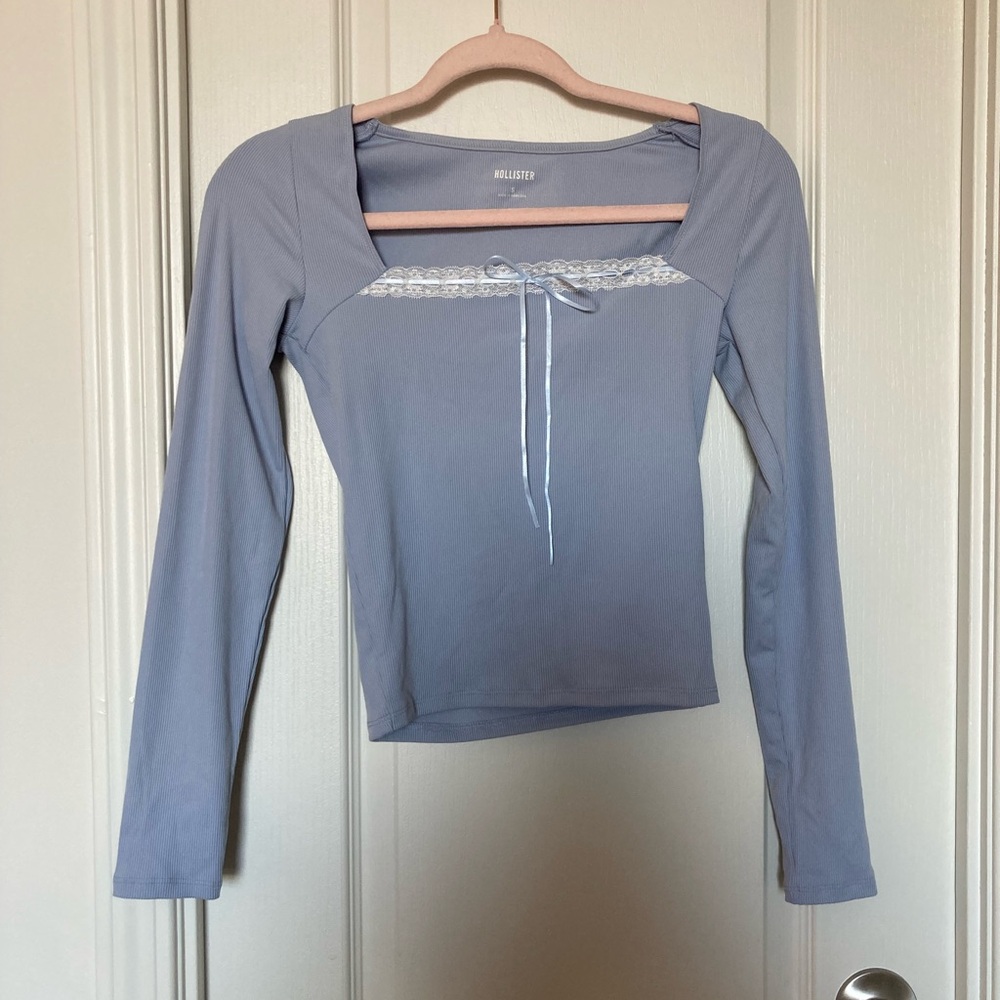 NWT Hollister Ribbed Seamless Fabric Lace Trim Square Neck Long Sleeve Top